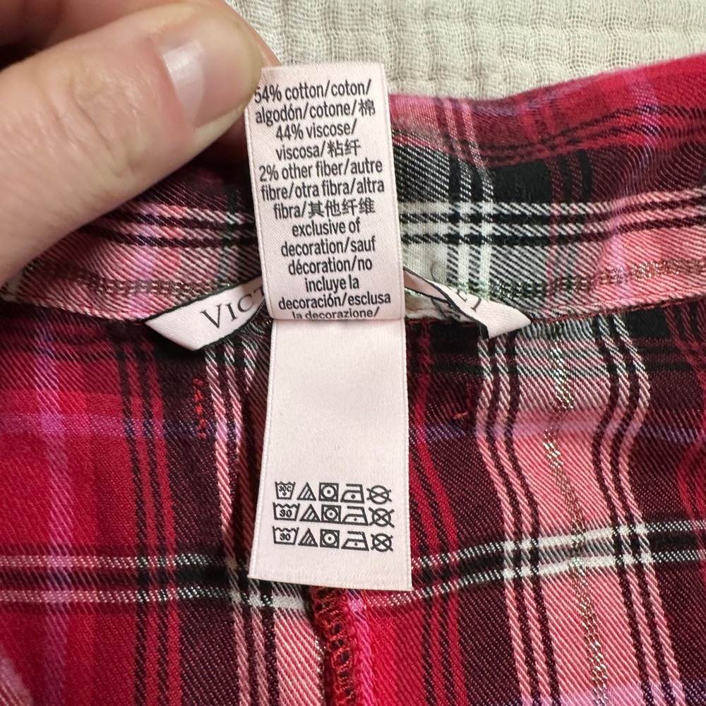 VICTORIA'S SECRET size L Red Pink & Plaid Flannel Romper 1 Pc belted Pajamas - Picture 4 of 11